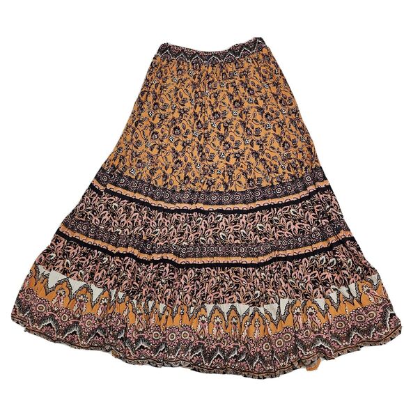 Nostalgia Womens Size S Orange Bohemian Mixed Floral Print 100% Rayon Maxi Skirt - Picture 1 of 13